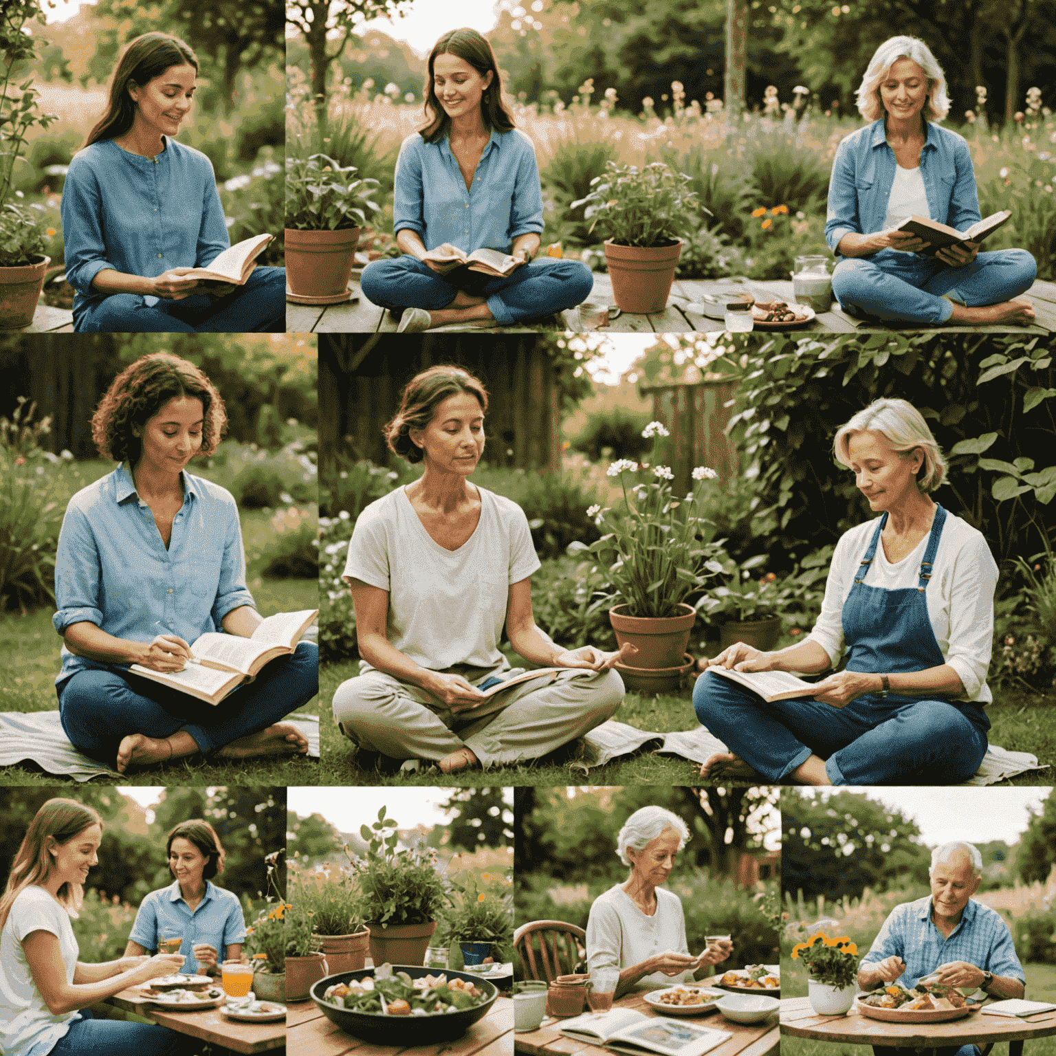 A collage of images showing various slow living activities: meditation, gardening, reading a physical book, and enjoying a leisurely meal with friends